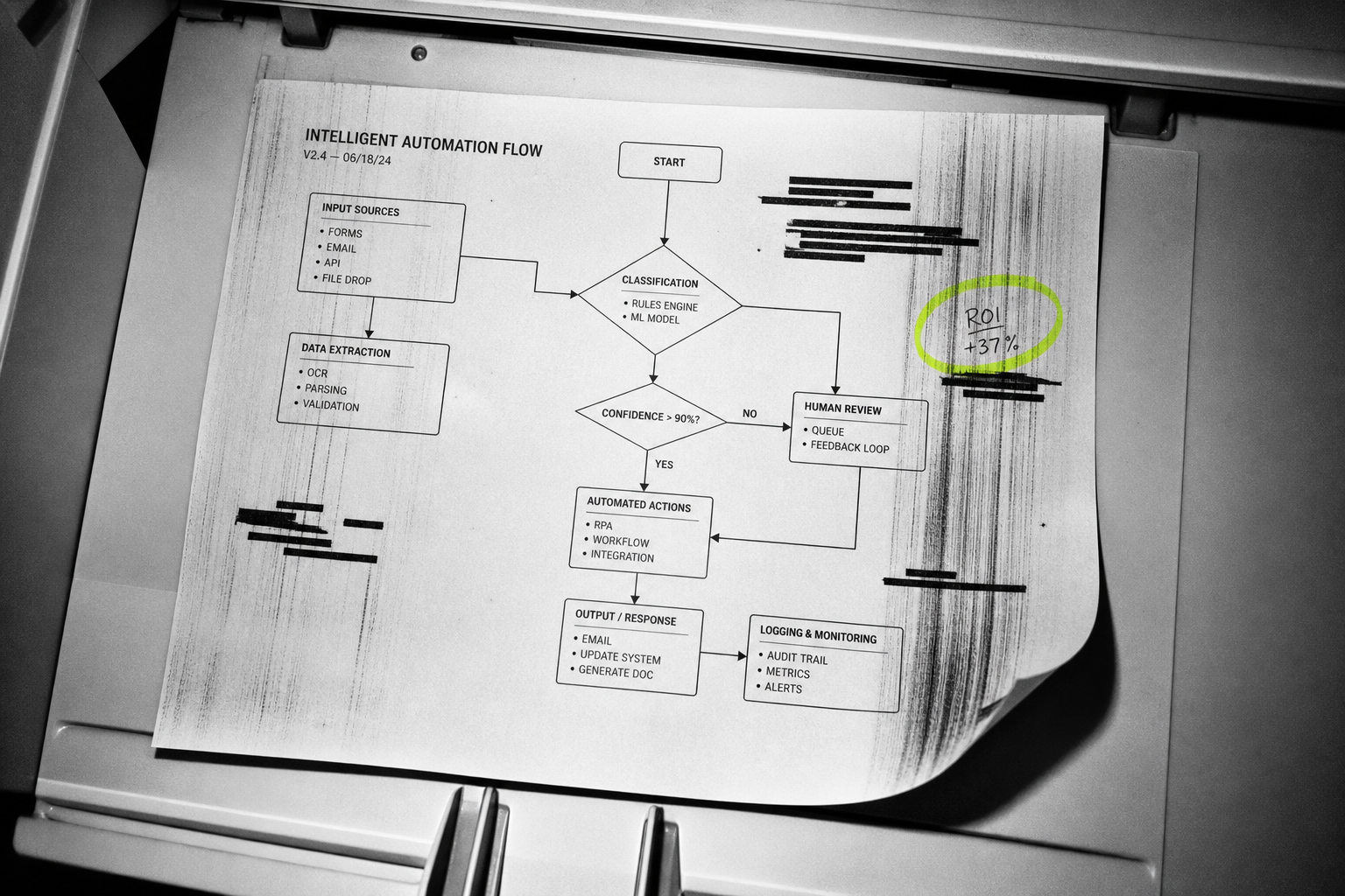 Photocopied automation flowchart with blacked-out strips