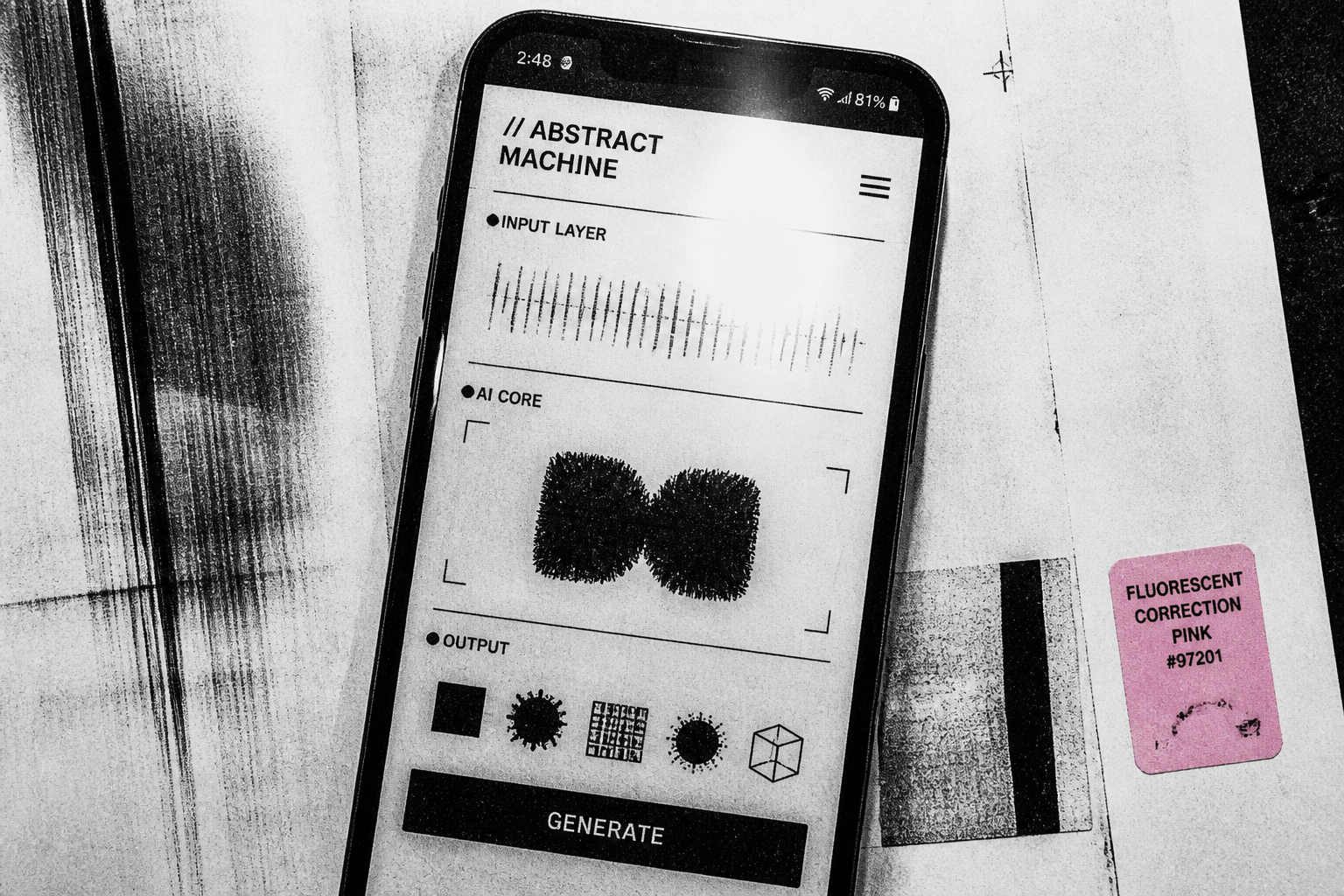Monochrome photocopied mobile interface under hard flash