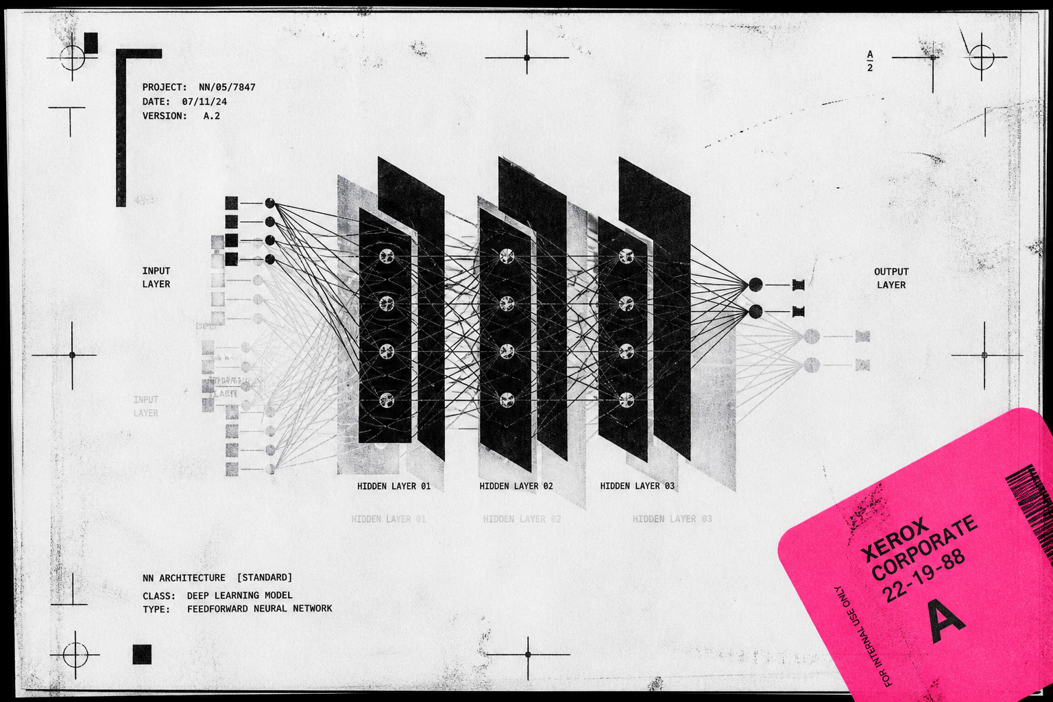 Photocopied neural network diagram as hard geometric print