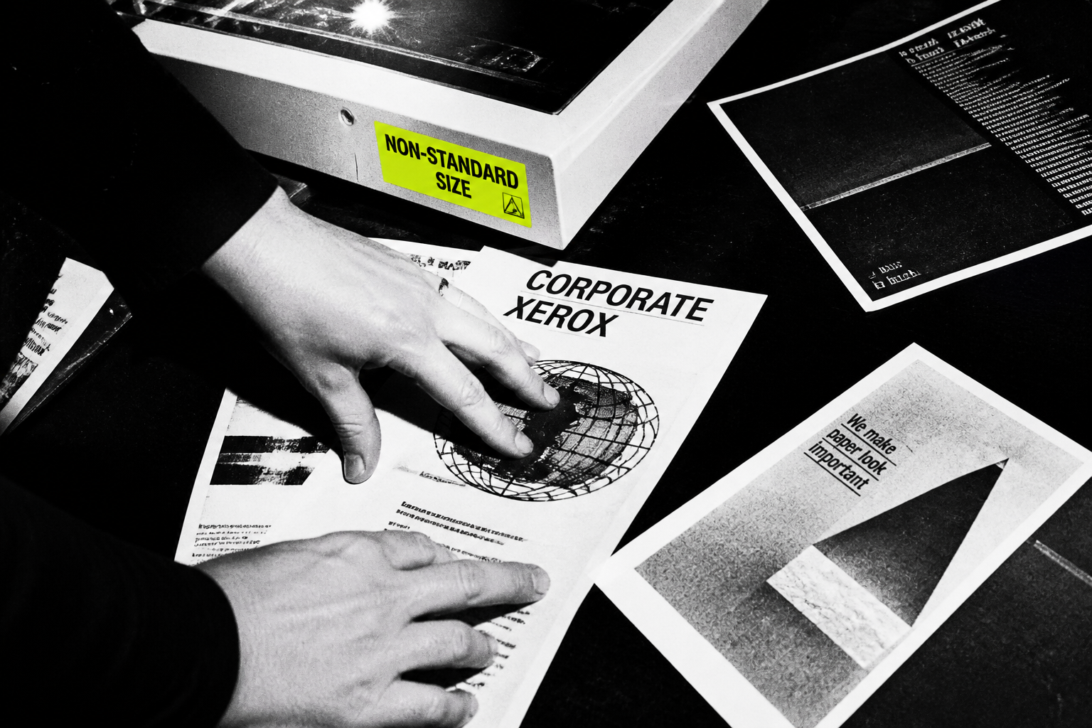 Hands arranging photocopied pages under hard flash light