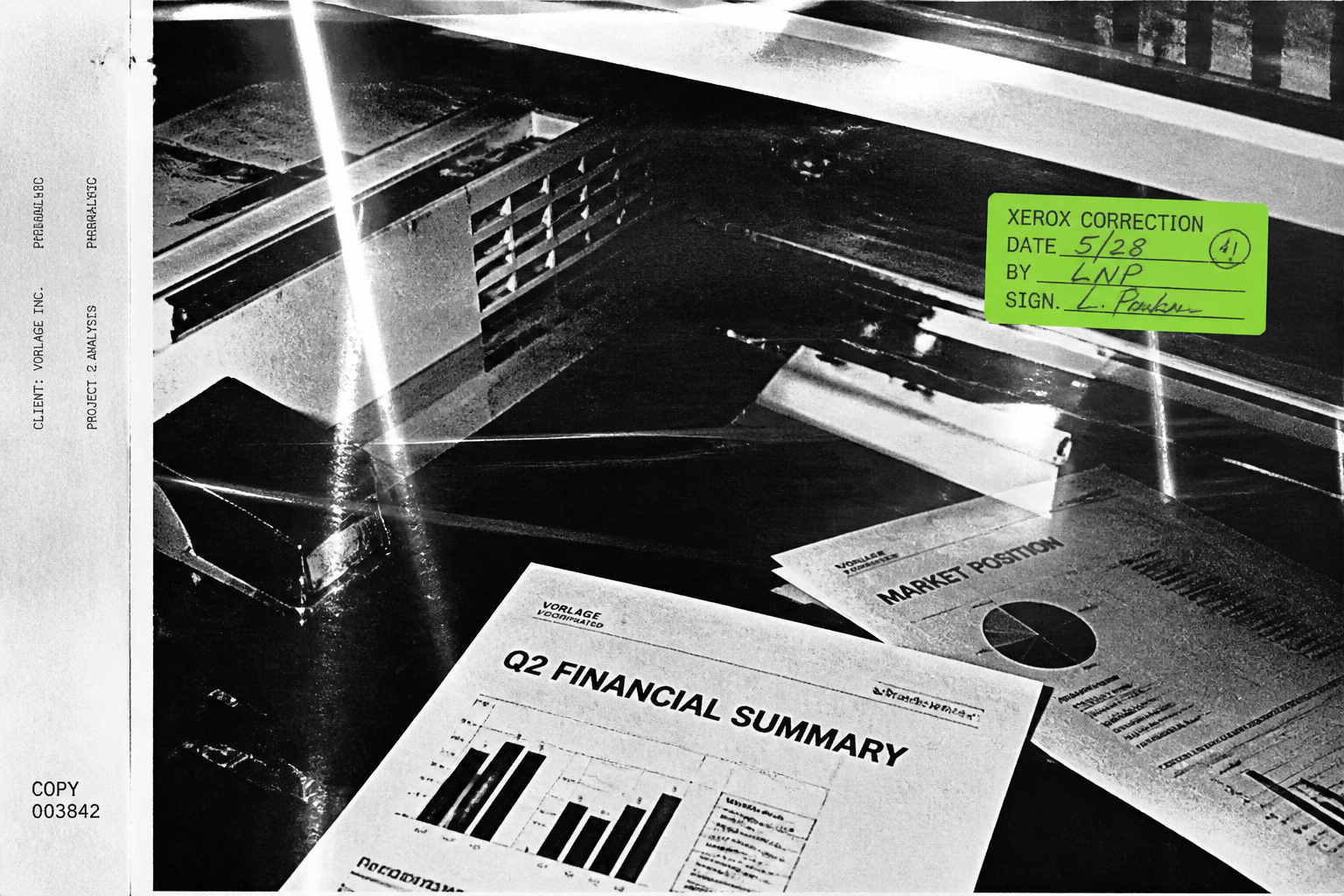 Xerox-distorted professional workspace in harsh monochrome light